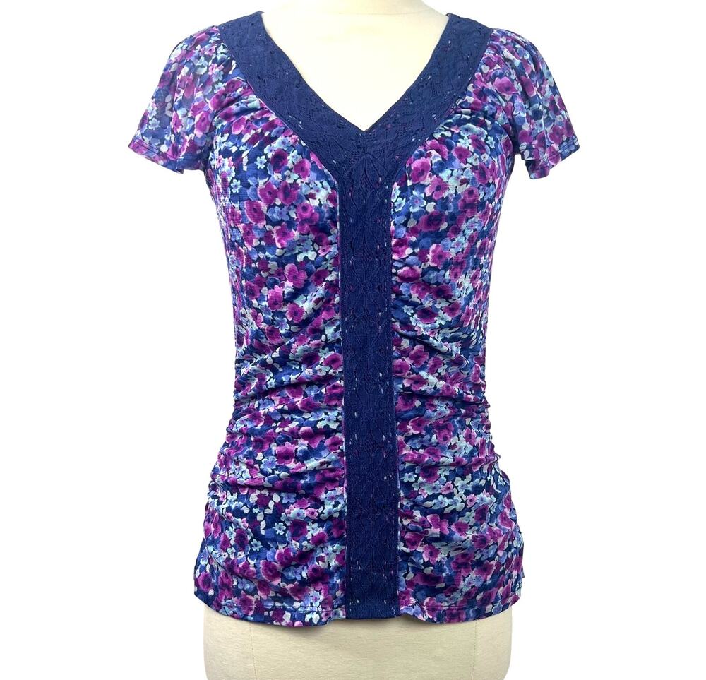 ELLE Women's Top Y2K Ditsy Floral Sheer Print Ruched Sides Retro Coquette Size S